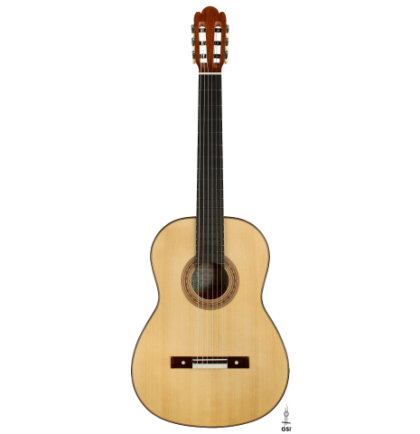 The front of a La Cañada "Model 115" classical guitar made of spruce and cypress