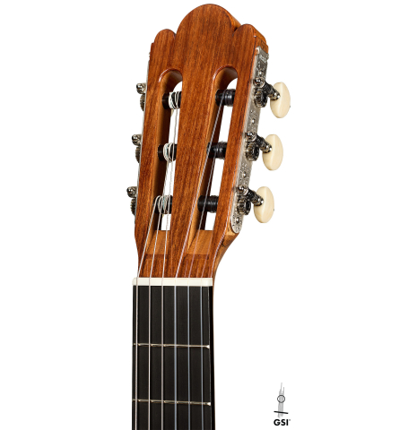The headstock of a La Cañada "Model 115" classical guitar made of spruce and cypress