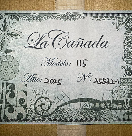 The label of a La Cañada "Model 115" classical guitar made of spruce and cypress