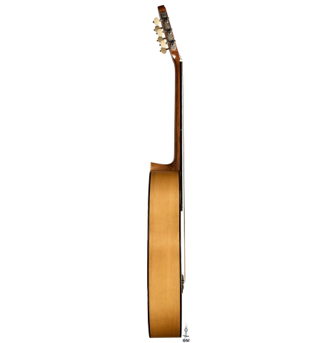 The side of a La Cañada "Model 115" classical guitar made of spruce and cypress
