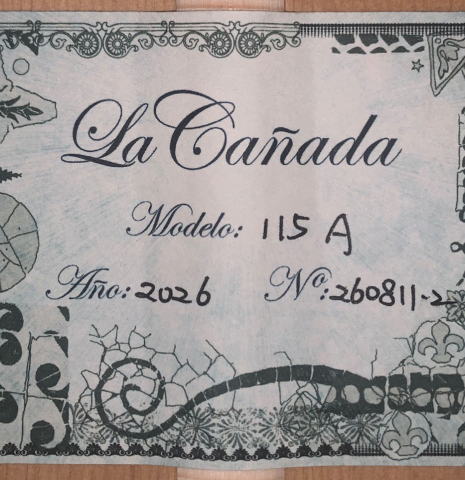 The label of a La Cañada "Model 115A" classical guitar made of spruce and cypress