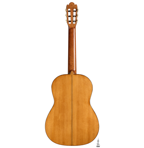 The back of a La Cañada "Model 115A" classical guitar made of spruce and cypress