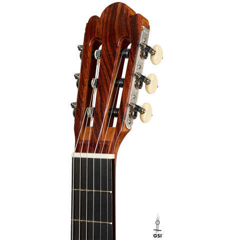 The headstock of a La Cañada "Model 115A" classical guitar made of spruce and cypress