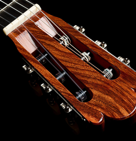 The headstock and tuning machines of a La Cañada "Model 115A" classical guitar made of spruce and cypress