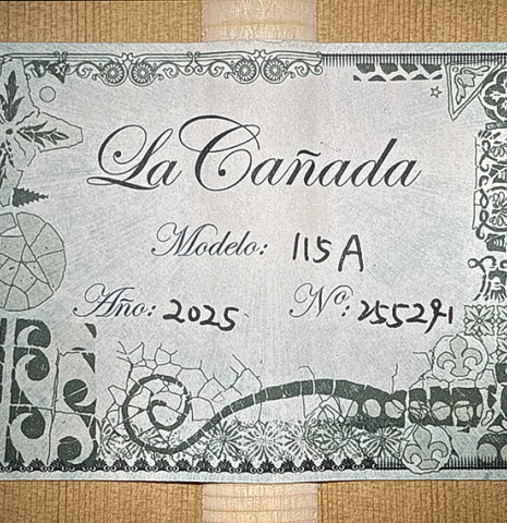 The label of a La Cañada "Model 115A" classical guitar made of spruce and cypress