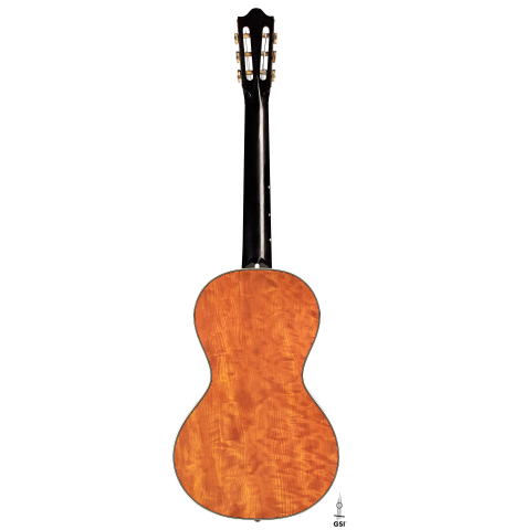 The back of a c. 1845-1875 French Romantic guitar “1844 Lacôte” classical guitar made of spruce and pear wood