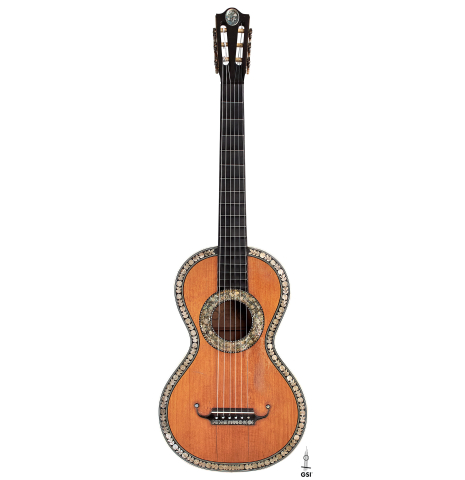 The front of a c. 1845-1875 French Romantic guitar “1844 Lacôte” classical guitar made of spruce and pear wood