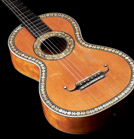 The soundboard and sides of a c. 1845-1875 French Romantic guitar “1844 Lacôte” classical guitar made of spruce and pear wood
