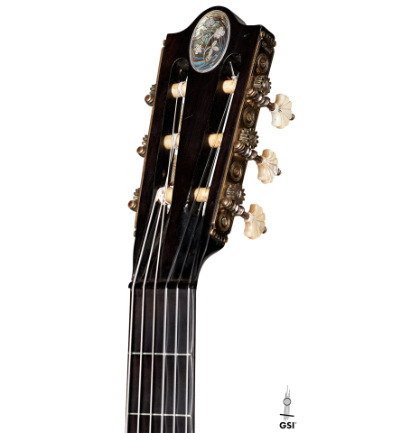 The headstock of a c. 1845-1875 French Romantic guitar “1844 Lacôte” classical guitar made of spruce and pear wood
