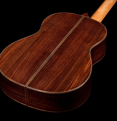 The back and sides of a 2026 Nicolás Lamoureux classical guitar made of spruce and Indian rosewood