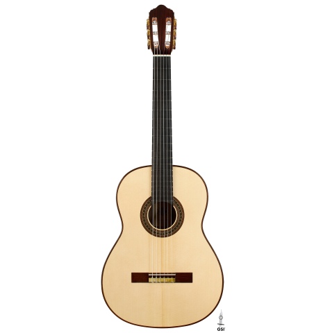 The front of a 2026 Nicolás Lamoureux classical guitar made of spruce and Indian rosewood