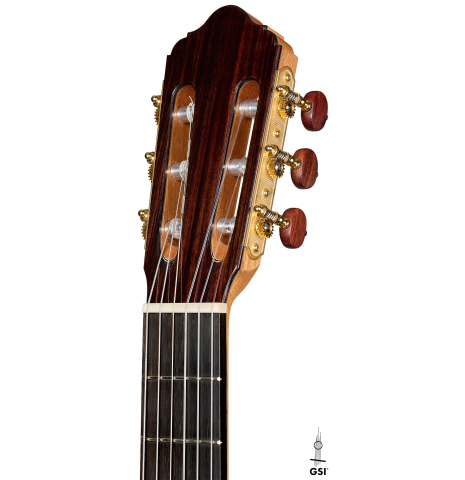 The headstock of a 2026 Nicolás Lamoureux classical guitar made of spruce and Indian rosewood