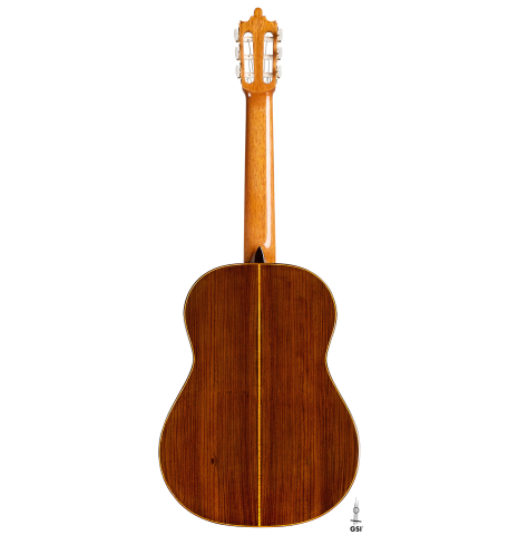 The back of a 2022 Paula Lazzarini classical guitar made of cedar and Indian rosewood