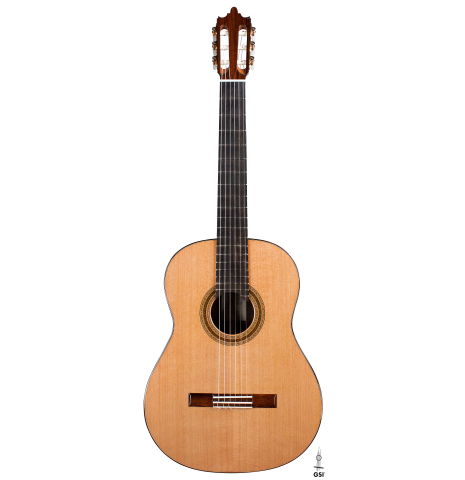The front of a 2022 Paula Lazzarini classical guitar made of cedar and Indian rosewood