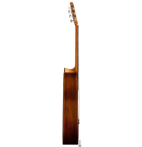 The side of a 2022 Paula Lazzarini classical guitar made of cedar and Indian rosewood