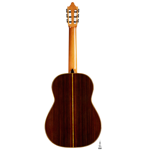 The back of a 2025 Paula Lazzarini classical guitar made of cedar and Indian rosewood