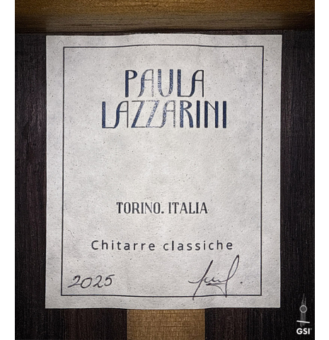 The label of a 2025 Paula Lazzarini classical guitar made of cedar and Indian rosewood
