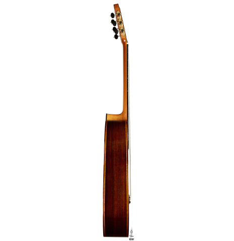 The side of a 2025 Paula Lazzarini classical guitar made of cedar and Indian rosewood