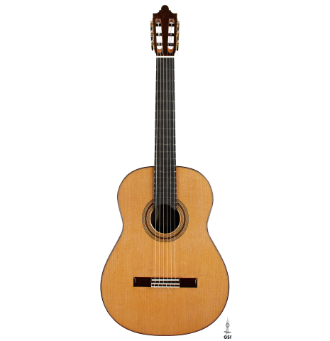 The front of a 2025 Paula Lazzarini classical guitar made of cedar and Indian rosewood