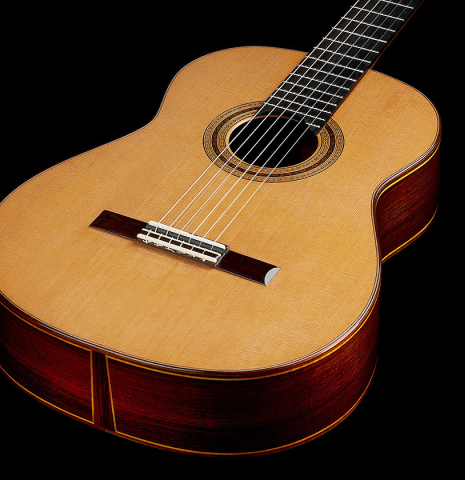 The soundboard of a 2025 Paula Lazzarini classical guitar made of cedar and Indian rosewood