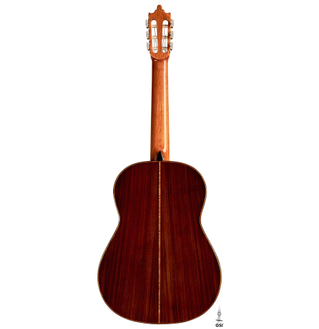 The back of a 2021 Paula Lazzarini classical guitar made of cedar and Indian rosewood