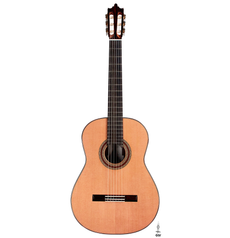 The front of a 2021 Paula Lazzarini classical guitar made of cedar and Indian rosewood