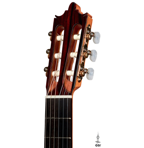The headstock of a 2021 Paula Lazzarini classical guitar made of cedar and Indian rosewood