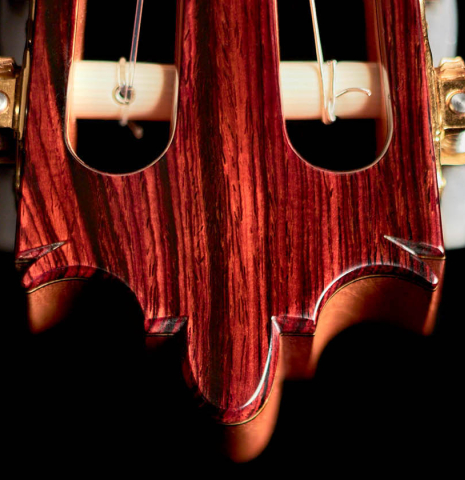The headstock of a 2021 Paula Lazzarini classical guitar made of cedar and Indian rosewood