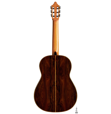 The back of a 2023 Paula Lazzarini classical guitar made of cedar and ziricote
