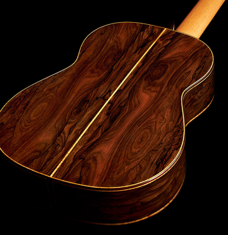 The back and sides of a 2023 Paula Lazzarini classical guitar made of cedar and ziricote