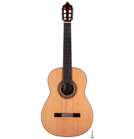 The front of a 2023 Paula Lazzarini classical guitar made of cedar and ziricote