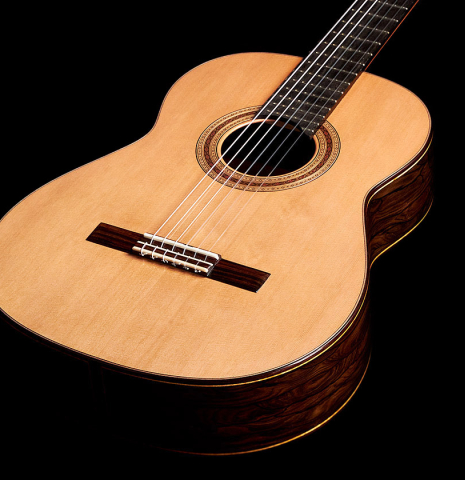 Frontal view of the top of a 2023 Paula Lazzarini classical guitar made of cedar and ziricote