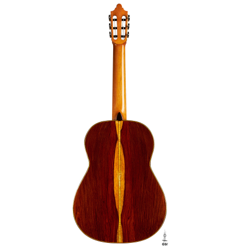 The back of a 2023 Paula Lazzarini classical guitar made of cedar and cocobolo