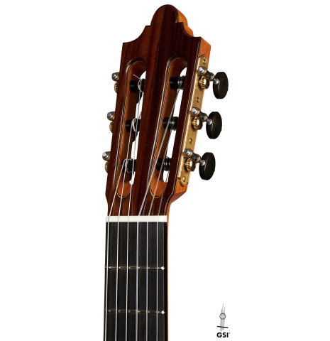 The headstock of a 2023 Paula Lazzarini classical guitar made of cedar and cocobolo