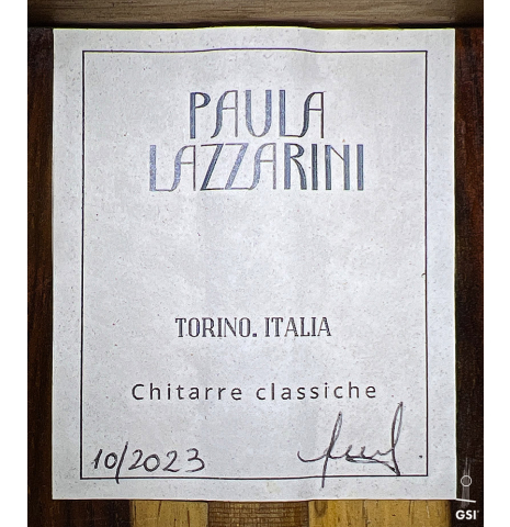 The label of a 2023 Paula Lazzarini classical guitar made of cedar and cocobolo