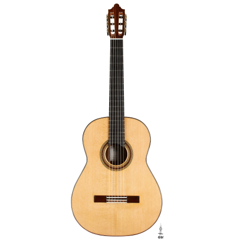 The front of a 2023 Paula Lazzarini classical guitar made of cedar and cocobolo