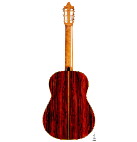 The back of a 2024 Paula Lazzarini "Roma Guitar Expo" classical guitar made of cedar and cocobolo