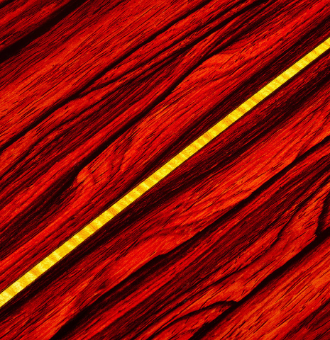 The back center seam of a 2024 Paula Lazzarini "Roma Guitar Expo" classical guitar made of cedar and cocobolo