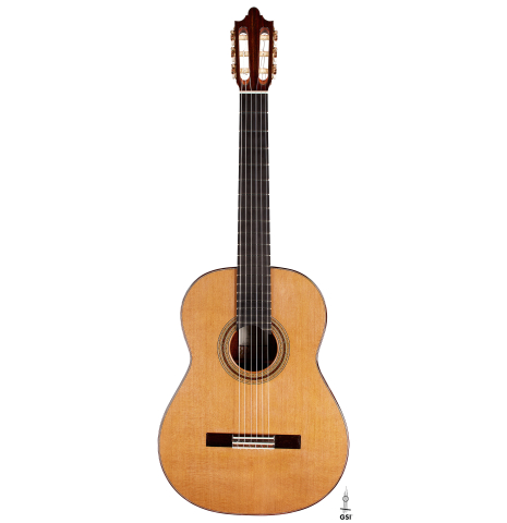 The front of a 2024 Paula Lazzarini "Roma Guitar Expo" classical guitar made of cedar and cocobolo