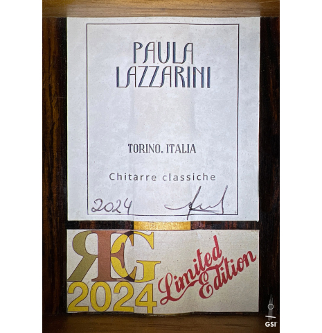 The label of a 2024 Paula Lazzarini "Roma Guitar Expo" classical guitar made of cedar and cocobolo