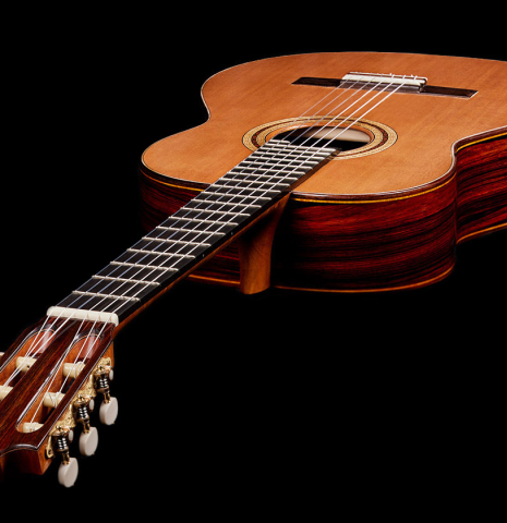 View from the headstock of a 2024 Paula Lazzarini "Roma Guitar Expo" classical guitar made of cedar and cocobolo