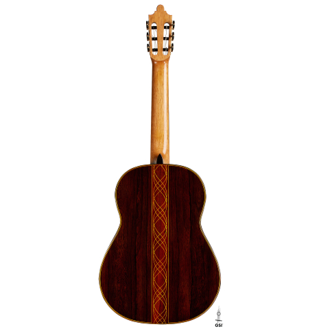 The back of a 2025 Paula Lazzarini "Limited Edition - REG 2025" classical guitar made of spruce and African rosewood
