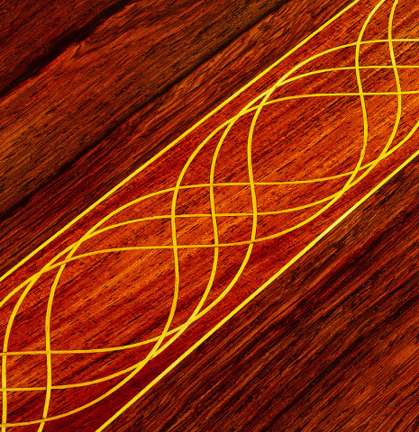The back inlays of a 2025 Paula Lazzarini "Limited Edition - REG 2025" classical guitar made of spruce and African rosewood
