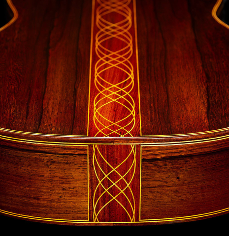 View from the foot of the back and side inlays of a 2025 Paula Lazzarini "Limited Edition - REG 2025" classical guitar made of spruce and African rosewood