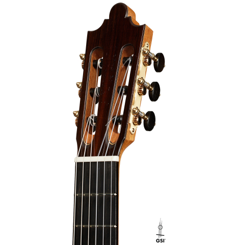 The headstock of a 2025 Paula Lazzarini "Limited Edition - REG 2025" classical guitar made of spruce and African rosewood
