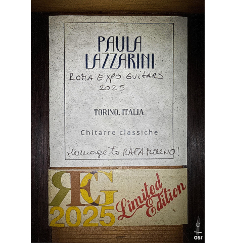 The label of a 2025 Paula Lazzarini "Limited Edition - REG 2025" classical guitar made of spruce and African rosewood