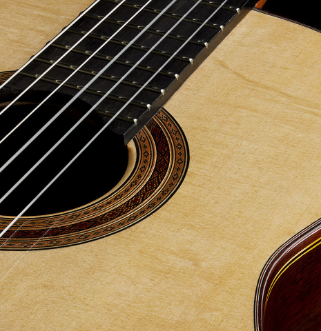 The top and rosette detail of a 2025 Paula Lazzarini "Limited Edition - REG 2025" classical guitar made of spruce and African rosewood