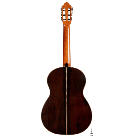 The back of a 2014 Garrett Lee classical guitar made of spruce and CSA rosewood