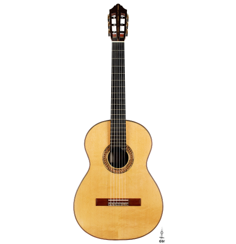 The front of a 2014 Garrett Lee classical guitar made of spruce and CSA rosewood