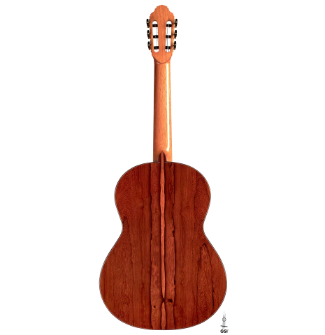 The back of a 2022 Francois Leonard classical guitar made of cedar and African rosewood